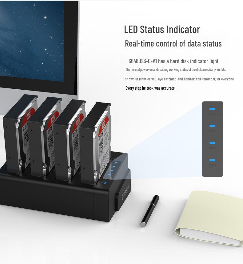 ORICO 6648US3-C Stacja dokująca USB 3.0 z czterema slotami na HDD z funkcją klonowania offline 1-do-3