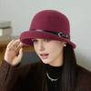 Basin Hat British Style Woolen Casual Hat with Rolled Brim Faux Leather Strap Women Autumn Winter Urban Hat