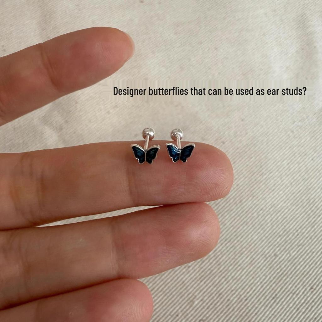 High-End 999 Sterling Silver Blue Butterfly Earrings: Elegant Small Ear Studs for Women