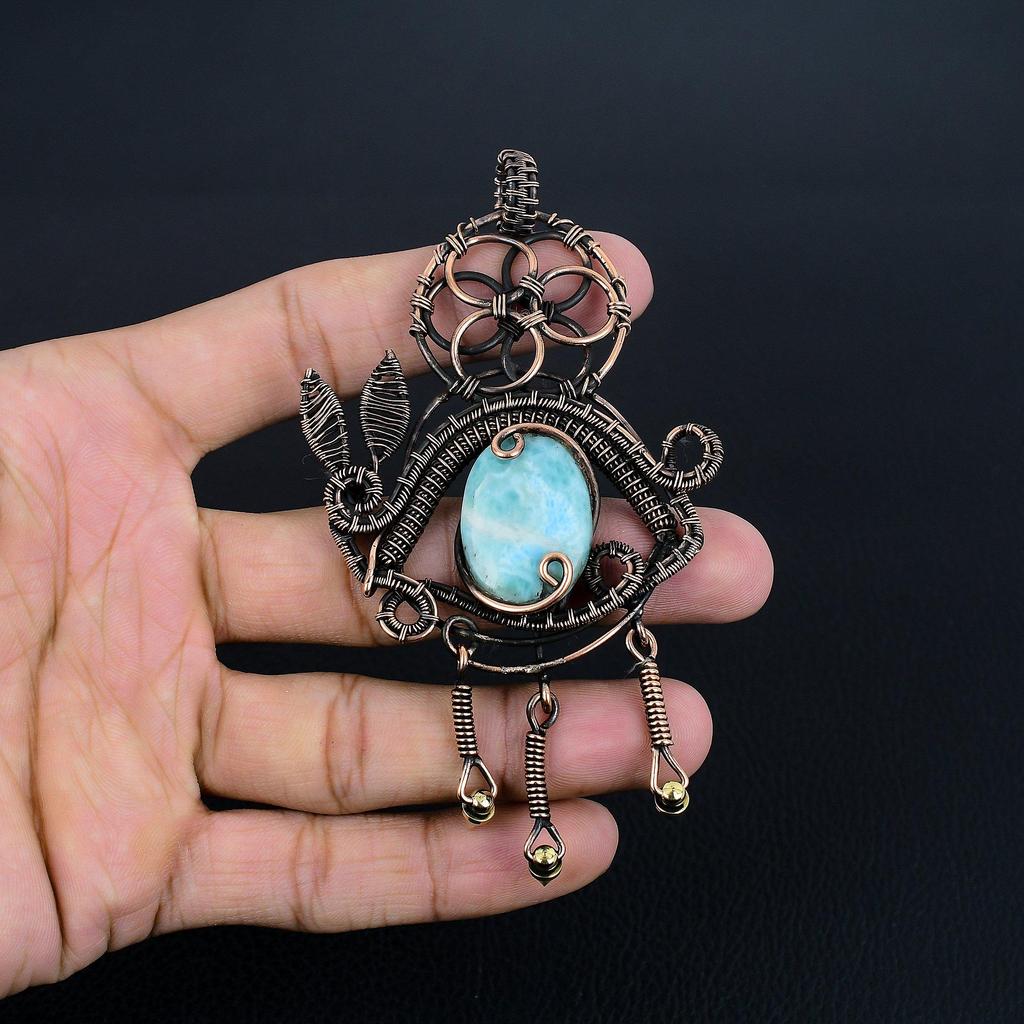 Larimar Pendant Gemstone Jewelry, 999 Copper Wire Wrapped Pendant, Handmade Jewelry Birthstone Pendant, Gift For Him