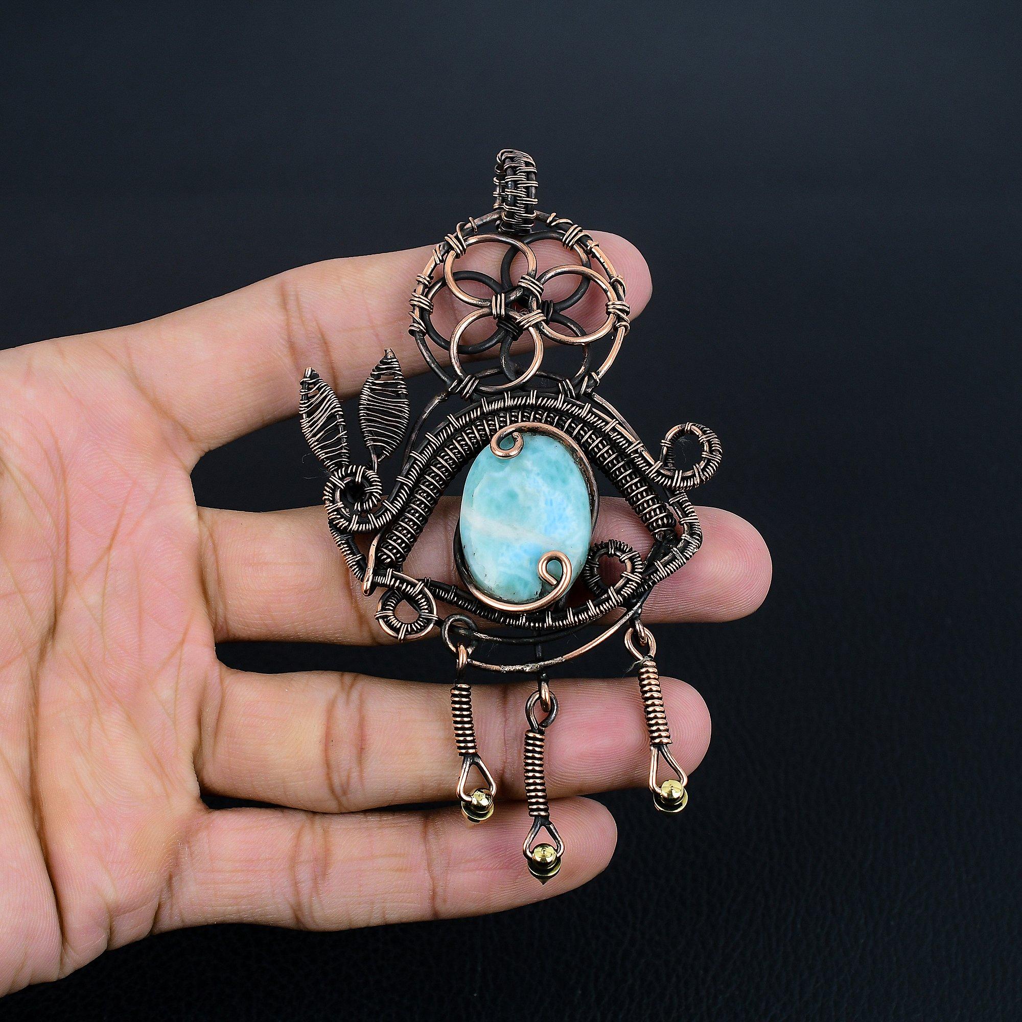 

Подвеска с ларимаром, Ювелирное изделие из драгоценного камня, Подвеска, обернутая медной проволокой 999 пробы, Украшения ручной работы, Подвеска с камнем рождения, Подарок для него