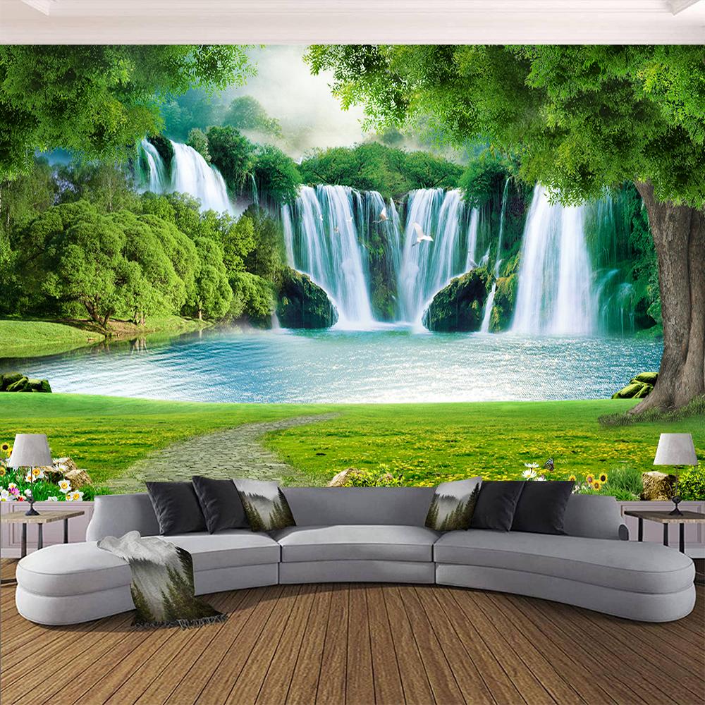 Waterfalls Wallpaper Green Grass Forest Murals Living Room Bedroom Wall Mural Of Waterfall