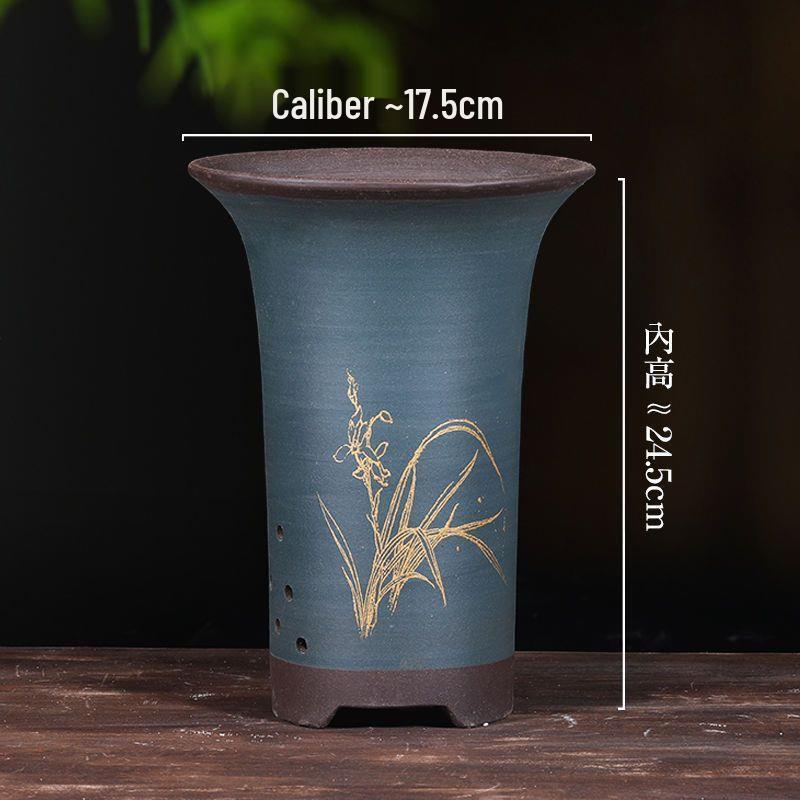 Yuzhuxun HC Slim Tall Blue Gold-Trimmed Zisha Orchid Pot