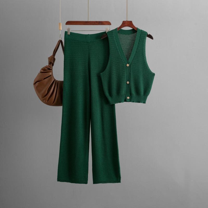 Fashion knitted suit women's summer new collar sleeveless vest high waist straight pants two-piece set