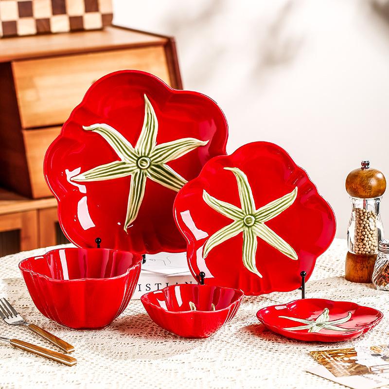 Cartoon Tomato Ceramic Dish Porcelain Plate Red Vegetable Bowl Food Tray Dinner Plate Set Home Kitchenware Premium