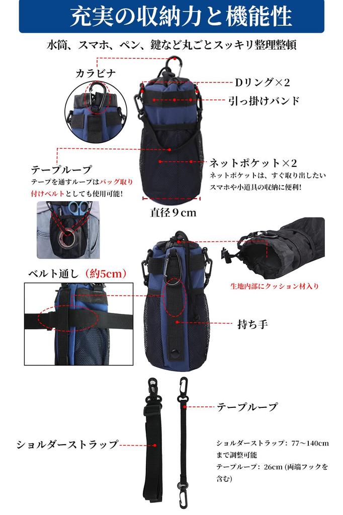 ALL BEFORE Multifunctional Bottle Drink Water Bottle PET Bottle Storage Bag with Shoulder Net Hook and Stain and Scratch Waterproof Navy [CARRY ONE]