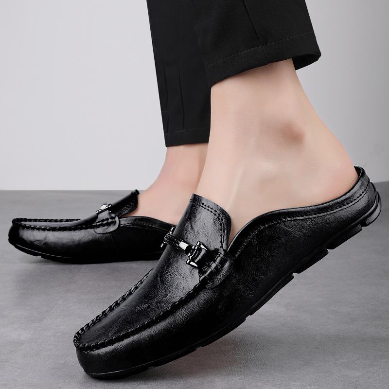 Fashion 2025 Summer New Men's Half Dragged Loafers Leather Comfortable Anti Slip Lazy Fashionable Outdoor Men's Breathable Driving Shoes