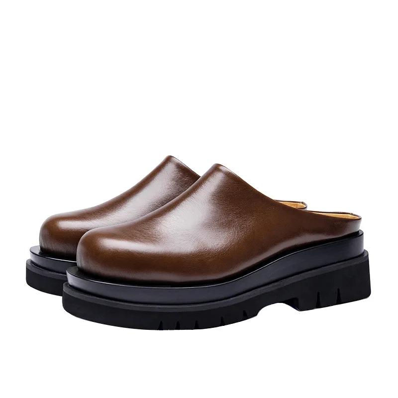 Luxury Leather Platform Man Half Slippers with Heels Genuine Leather Summer Wedding Business Social Shoes Outside Sandals