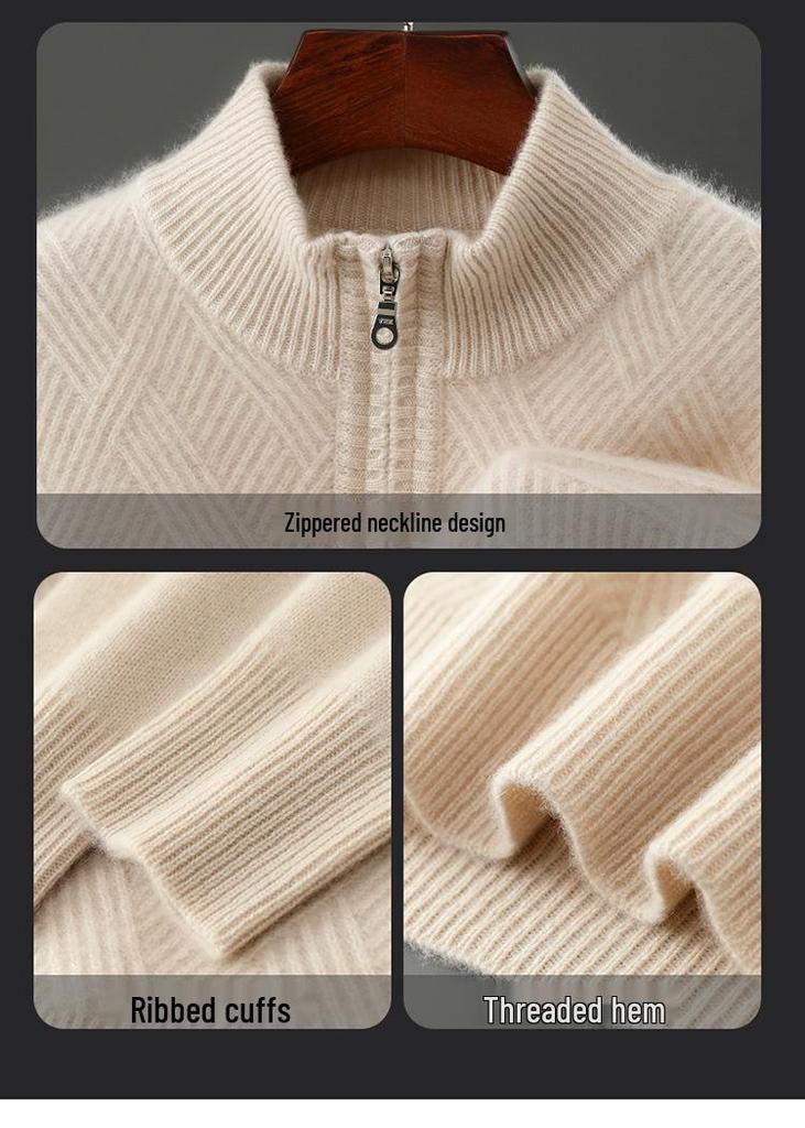 Men's Pure Wool Half-High Collar Zipper Sweater – Thick, Loose, Fashionable, Warm, and Skin-Friendly Layering Shirt