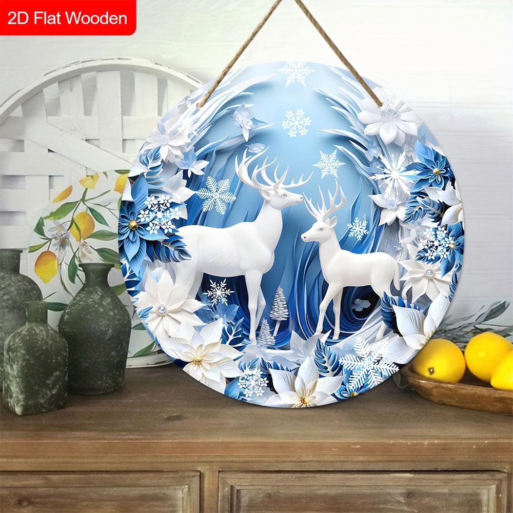 Warm Winter Wooden Christmas Sign with White Elk Pattern - Navidad Round Sign for Balcony, Front Door, Wall Hanging Decor - Ideal Christmas Decoration