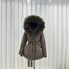 Lasa Autumn and Winter Real Fox Big Fur Collar Knotted Hair Waist Lace-up Thin Hooded Jacket Women's White Duck Down New