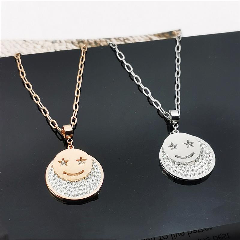 Japanese-Korean Fashion Rhinestone Smile Face Pendant Necklace in Titanium Steel with Rose Gold Plating