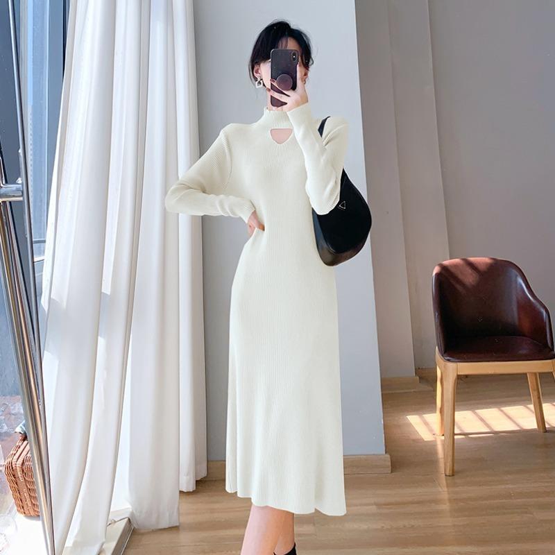Temperament Elegant Style Semi-turtleneck Knitted Primer Dress Women's Autumn and Winter Medium and Long Slim-fitting Knitted Sweater Skirt