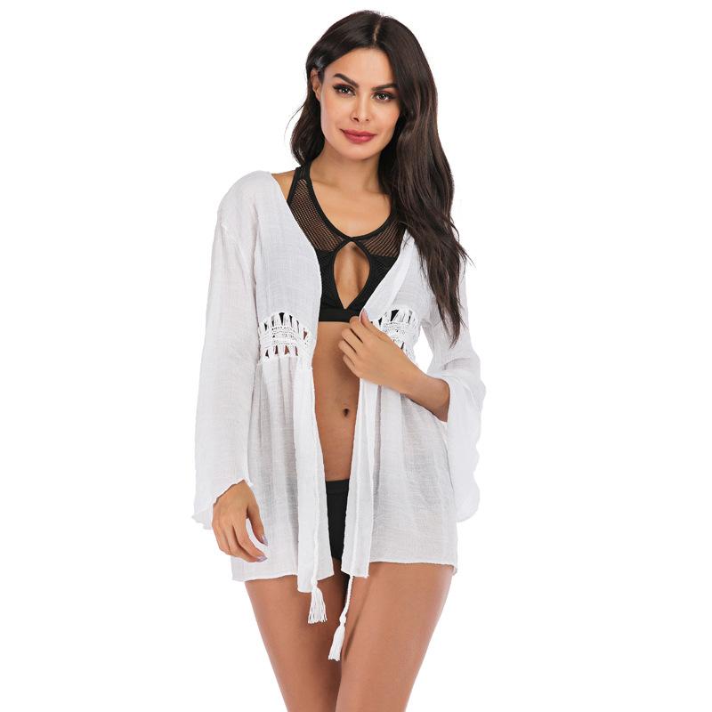Summer Women's Loose Sun Shirt Waist Hollow Tie Swimwear Outerwear Jacket Beach Bikini Cover-Up