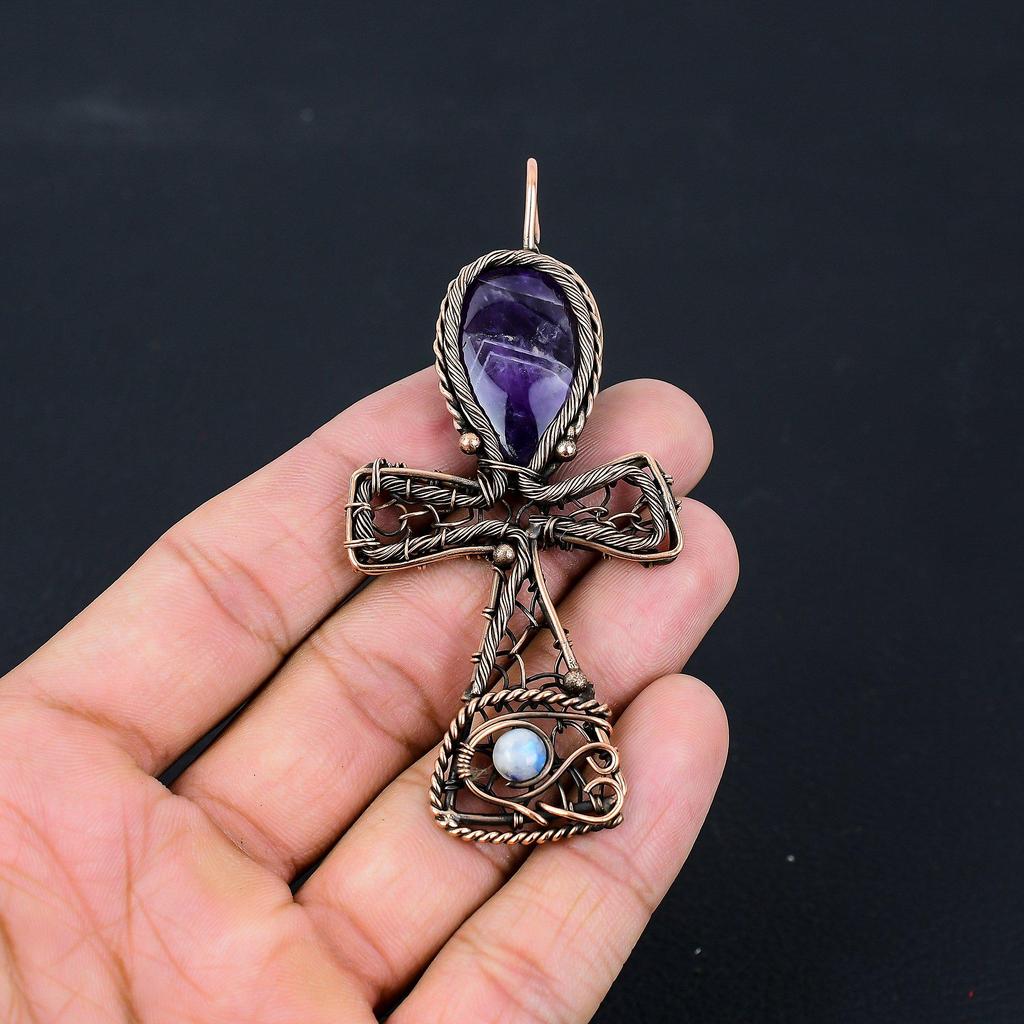 Amethyst Gemstone Pure Copper Wire Wrapped Handmade Ankh Pendant Jewelry