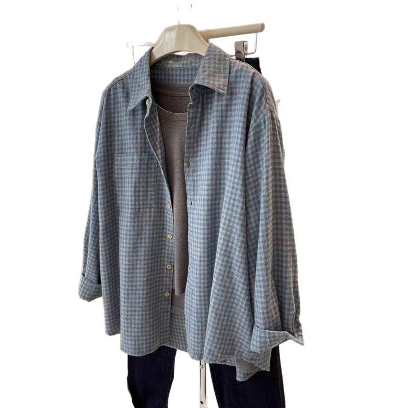 Damen Blau Kariert Retro Hemdjacke - Verdickt, Lockere Passform für Herbst/Winter