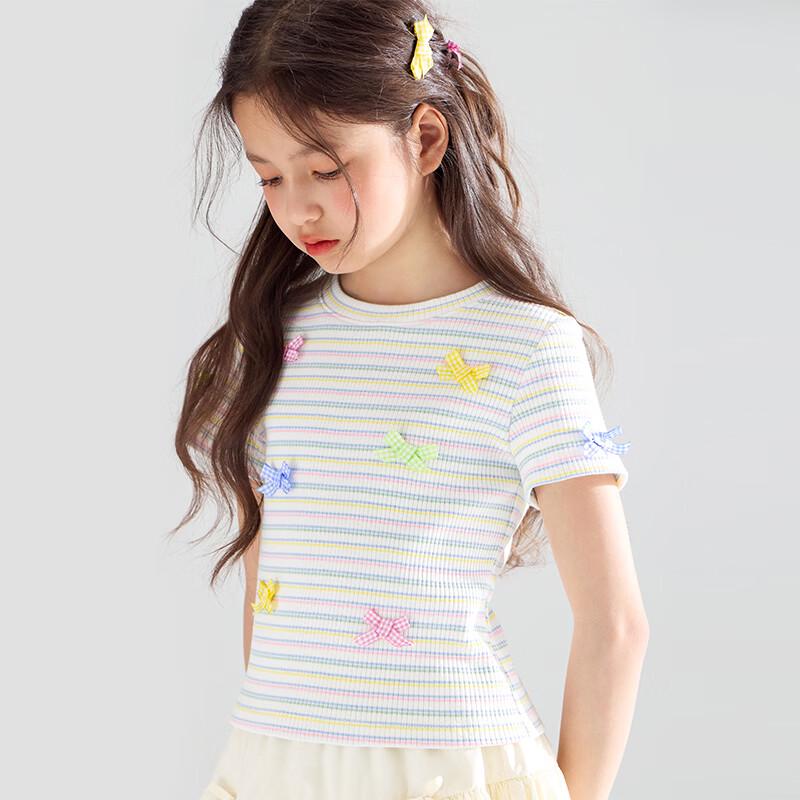 Mucmukn Girls' Rainbow Stripe Ribbed Bow T-shirt