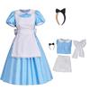 Fantasia Cosplay Alice no País das Maravilhas para Mulheres de Halloween Vestido Lolita Azul de Empregada com Avental Faixa de Cabeça com Laço Conjunto Completo Vestido de Festa de Carnaval