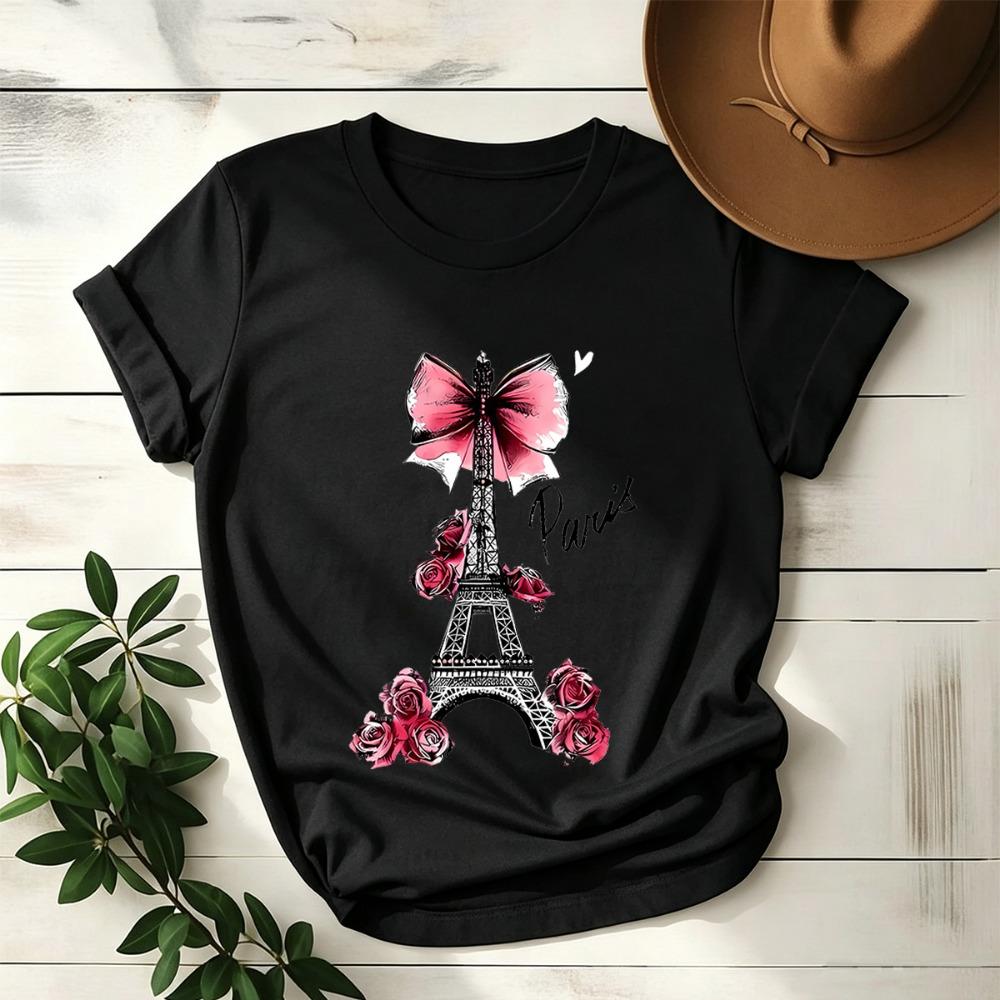 Damen-T-Shirt mit Paris Eiffelturm, rosa Schleife, Rosenmuster, locker, kurzärmelig, geeignet für Reisen und romantisch