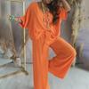 Women's 2-Piece Breathable Home Clothes Set: V-Line Top & Elastic Waist Trousers for Spring, Autumn, and Winter.