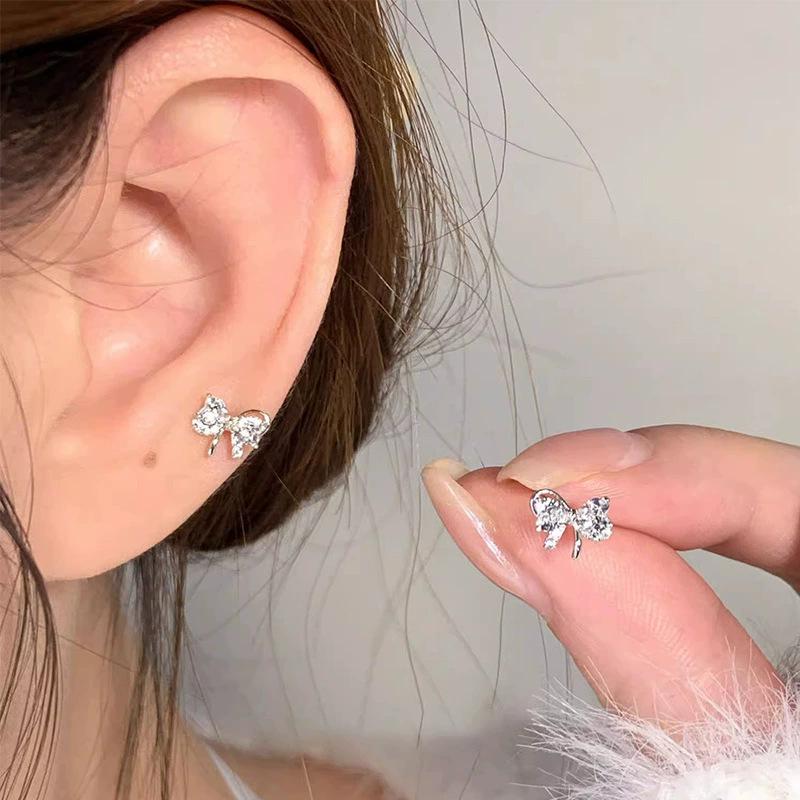 Korean sweet and small bow zircon stud earrings women s light luxury design earrings personalized earrings