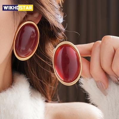 Vintage Red Resin Women's Earrings Stud Earrings Luxury Large Geometric Oval Earrings Party Wedding Ear Jewelry Wholesale