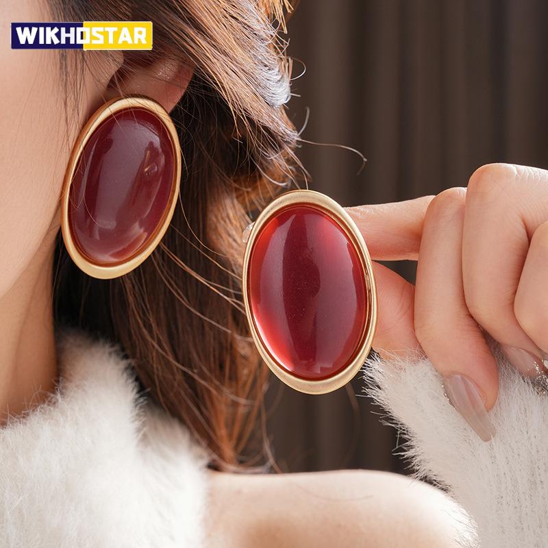 Vintage Red Resin Women's Earrings Stud Earrings Luxury large Geometric Oval earrings Party Wedding Ear Jewelry Wholesale