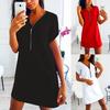 Damen Kurzarm V-Ausschnitt Reißverschluss Hemdkleid Locker Party Abendkleid