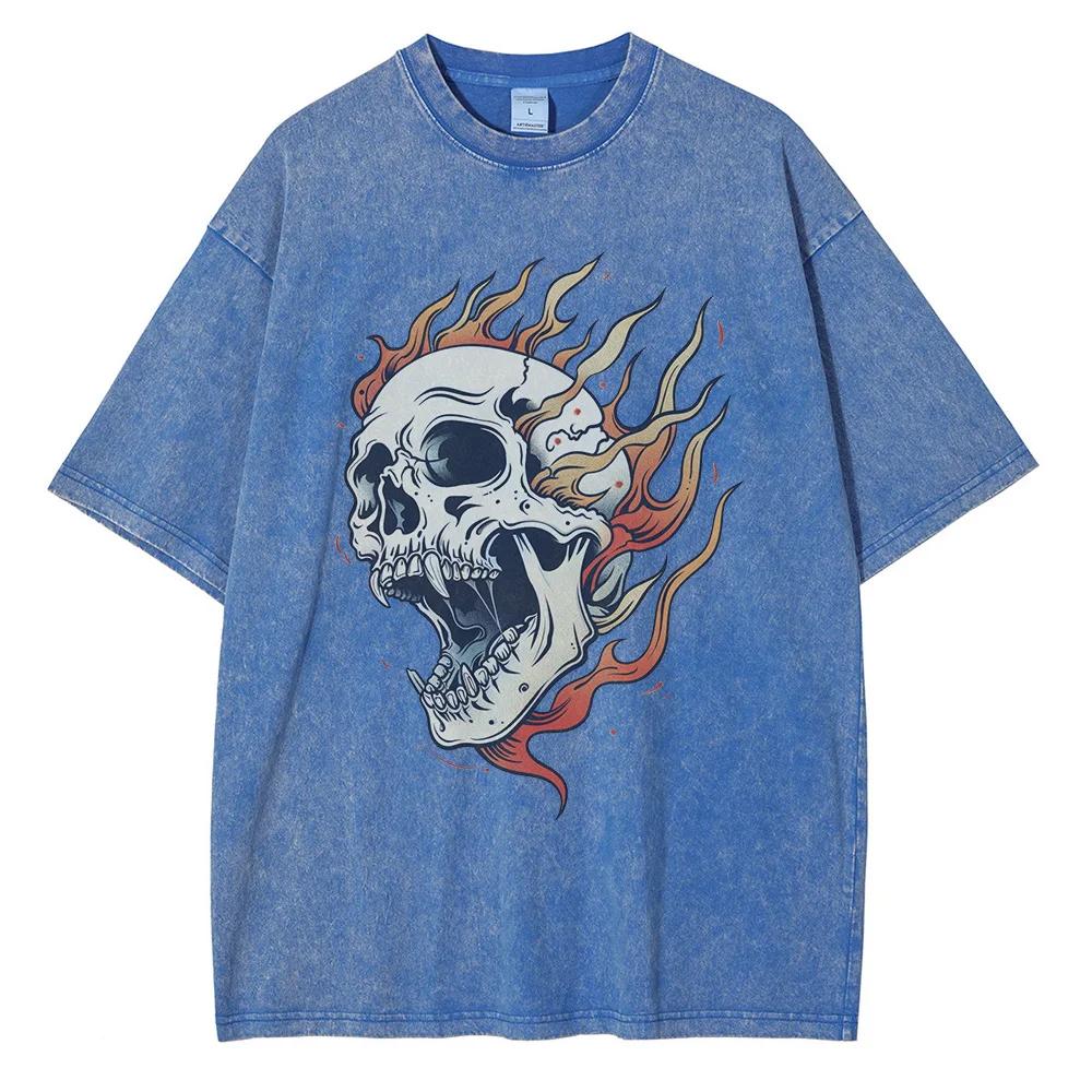 Men's Flame Skull Printed T-shirt Thick Cotton Washed T-shirt,Large Retro Top