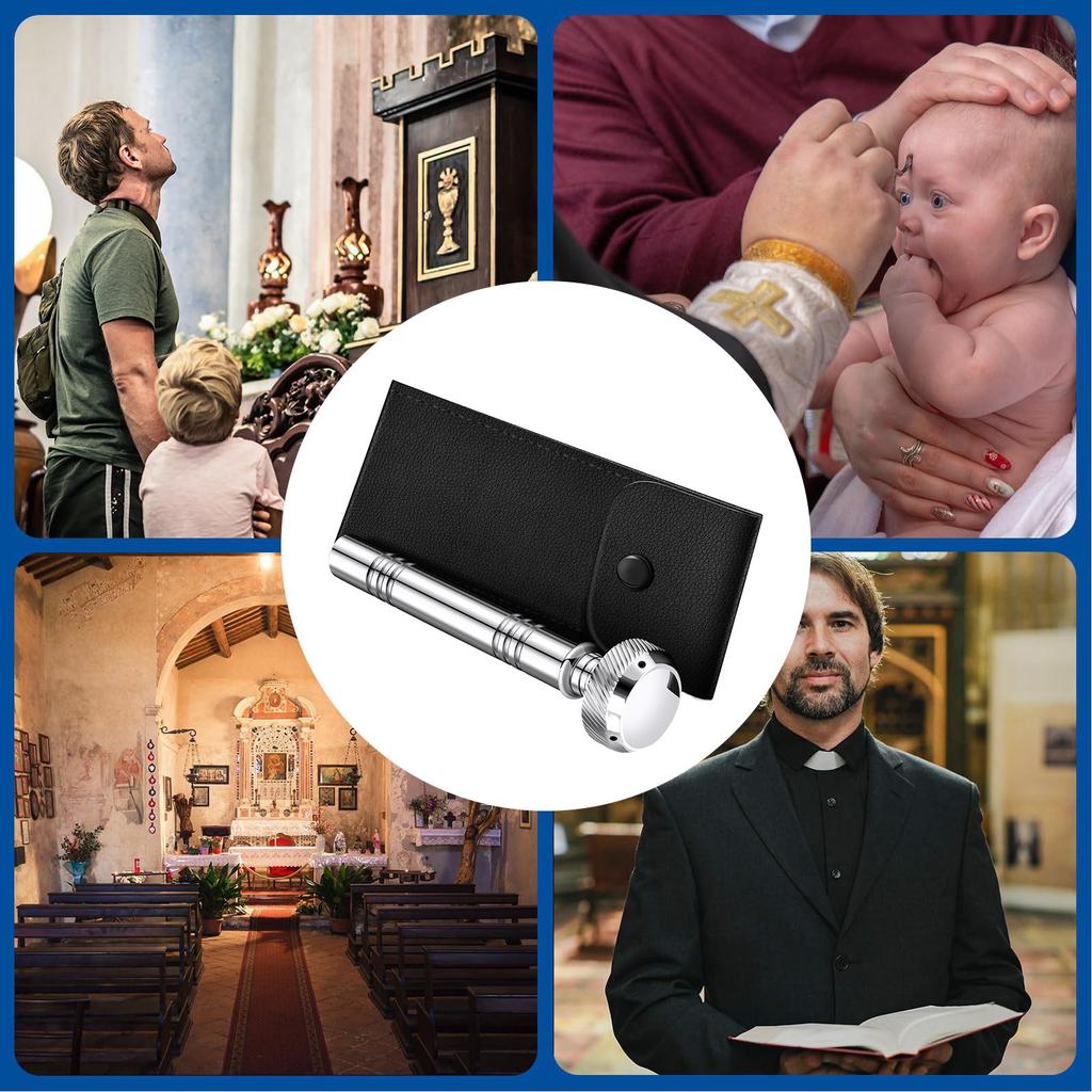 Taschen Weihwasserzerstäuber mit Lederetui, Religiöses Taschen-Aspergillum Werkzeug Weihwasserbehälter Spender Reisezerstäuber