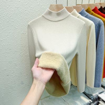 Suéter de punto de terciopelo cálido de otoño para mujer, suéter informal de invierno nuevo, suéter de base de cuello medio alto grueso, suéteres elegantes de punto de felpa sólida delgada 25206