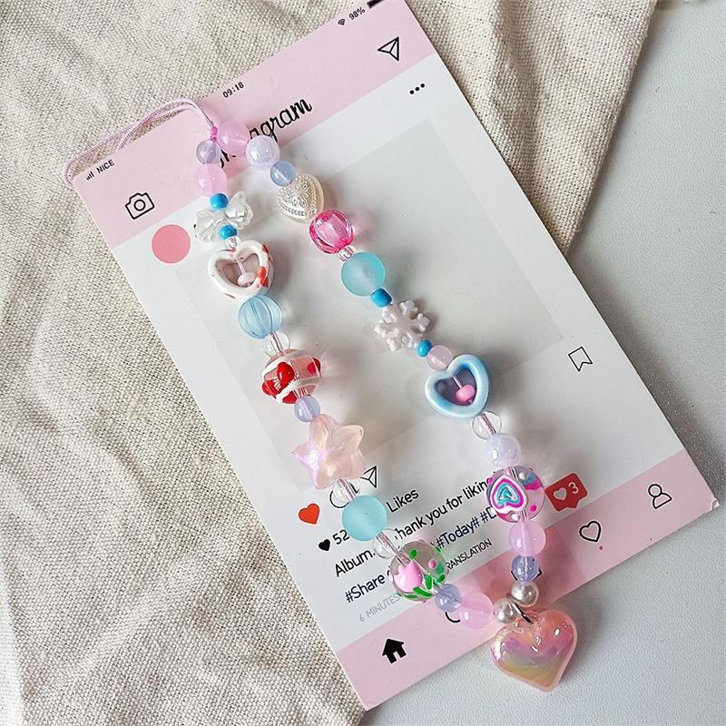 Cute Sweet Star Heart Love Beaded Phone Lanyard Strap Keychain Pendant Phone Chain Wrist Rope Bag Ornament Girl Phone Charm Gift