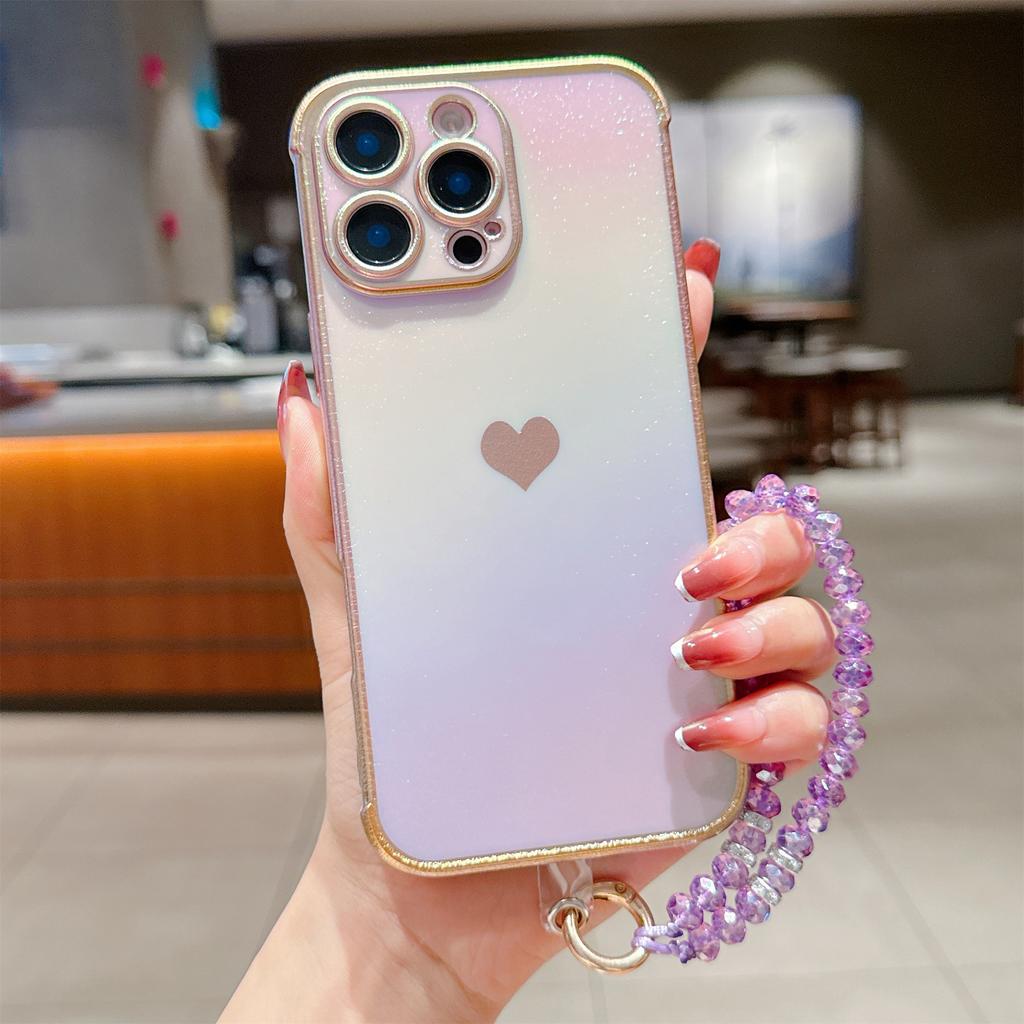 Applicable iPhone16Promax silk side love mobile phone case Apple 15 protective case crystal lanyard