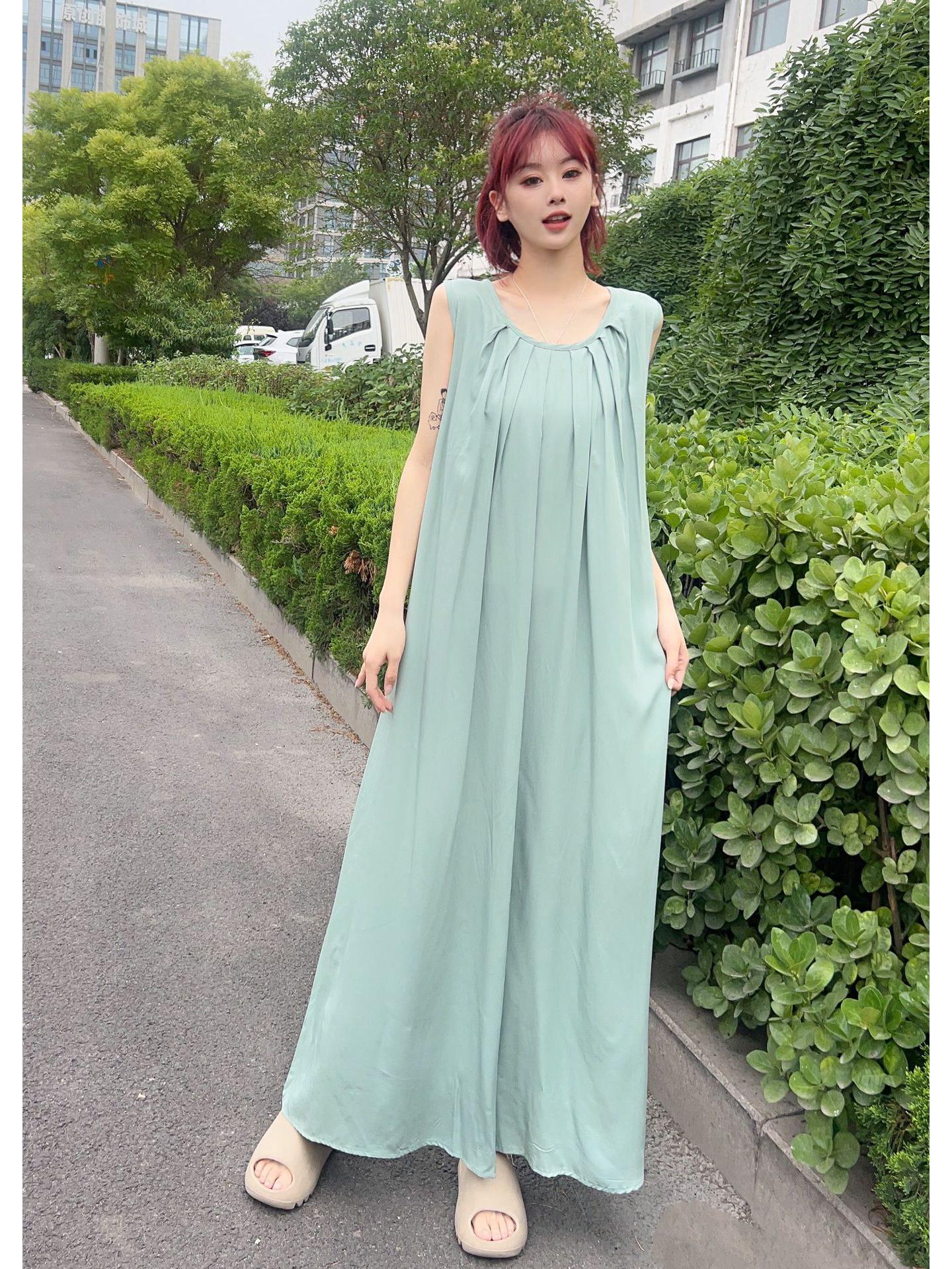 

Літня довга вільна спідниця з бавовни та шовку - Жіноча довга розкльошена сукня, що стрункішить One Size світло-зелений колір