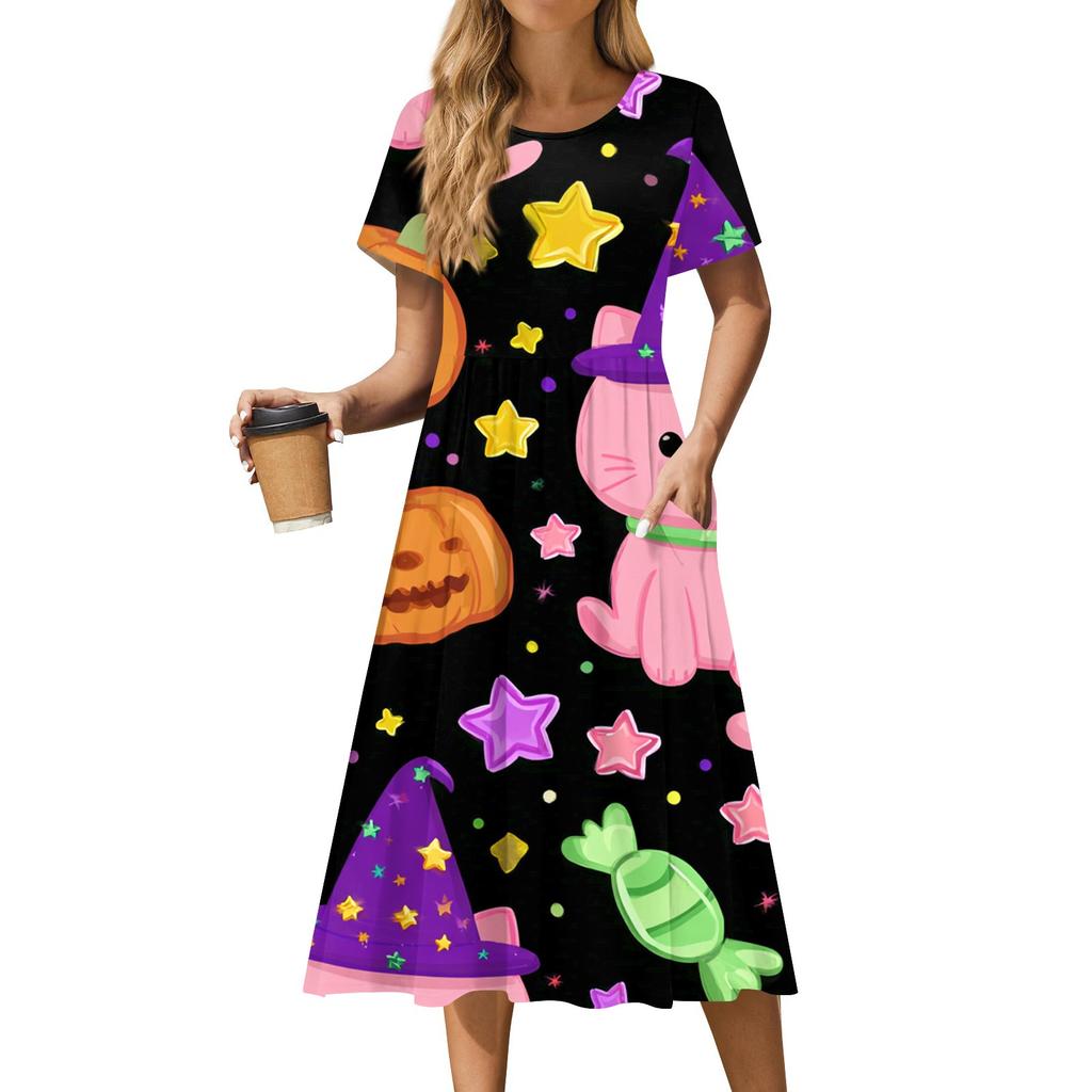 Damen Casual Mode Halloween Bedrucktes Kurzarm Rundhalskleid