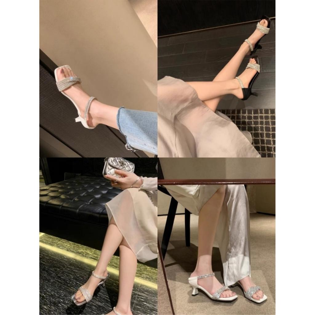 Genuine leather~ beautiful flash diamond 6cm cross word with open toe high heel sandals women's summer