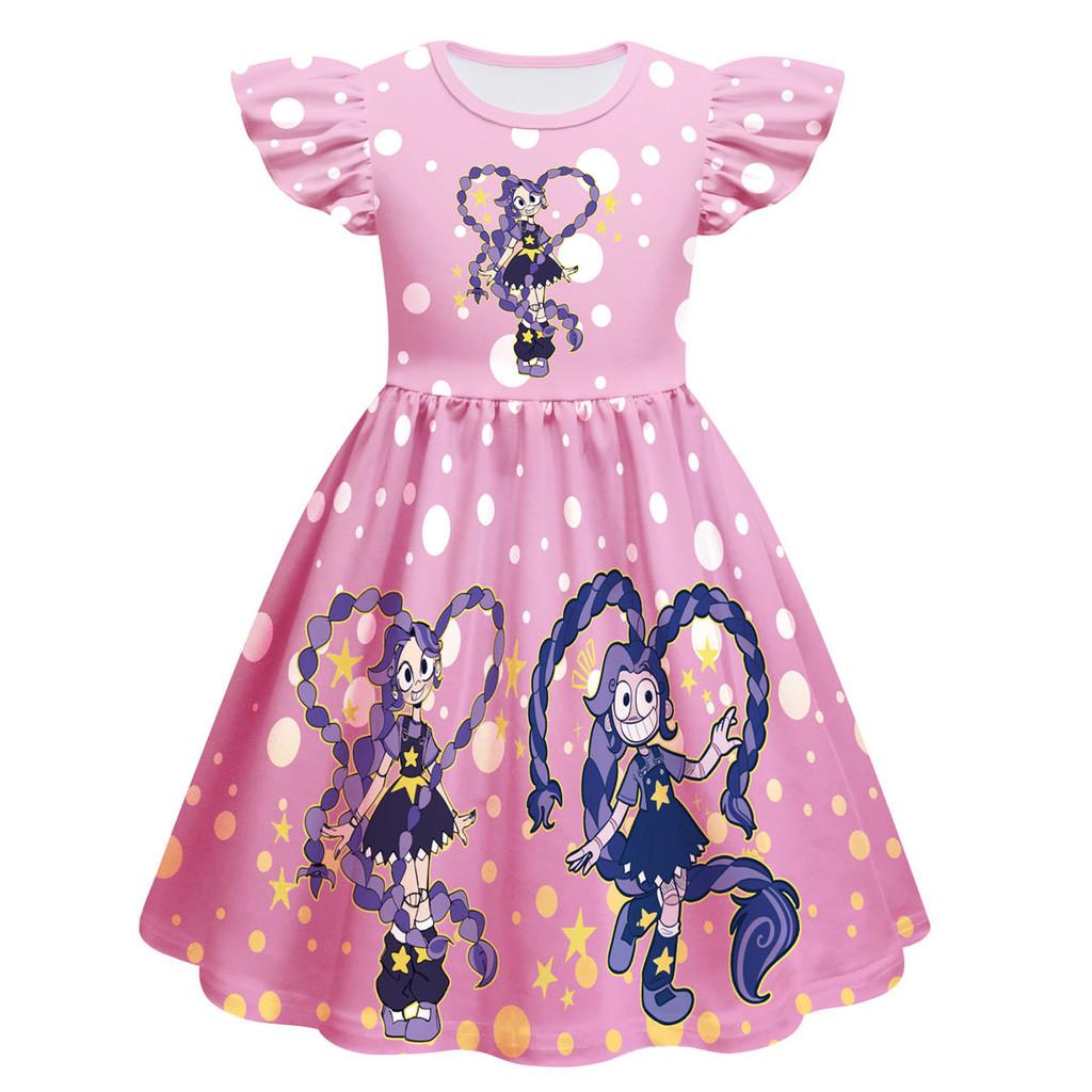 83028 Kids Lily Lovebraids Cartoon Print Girls Ruffle Short Sleeves Dress