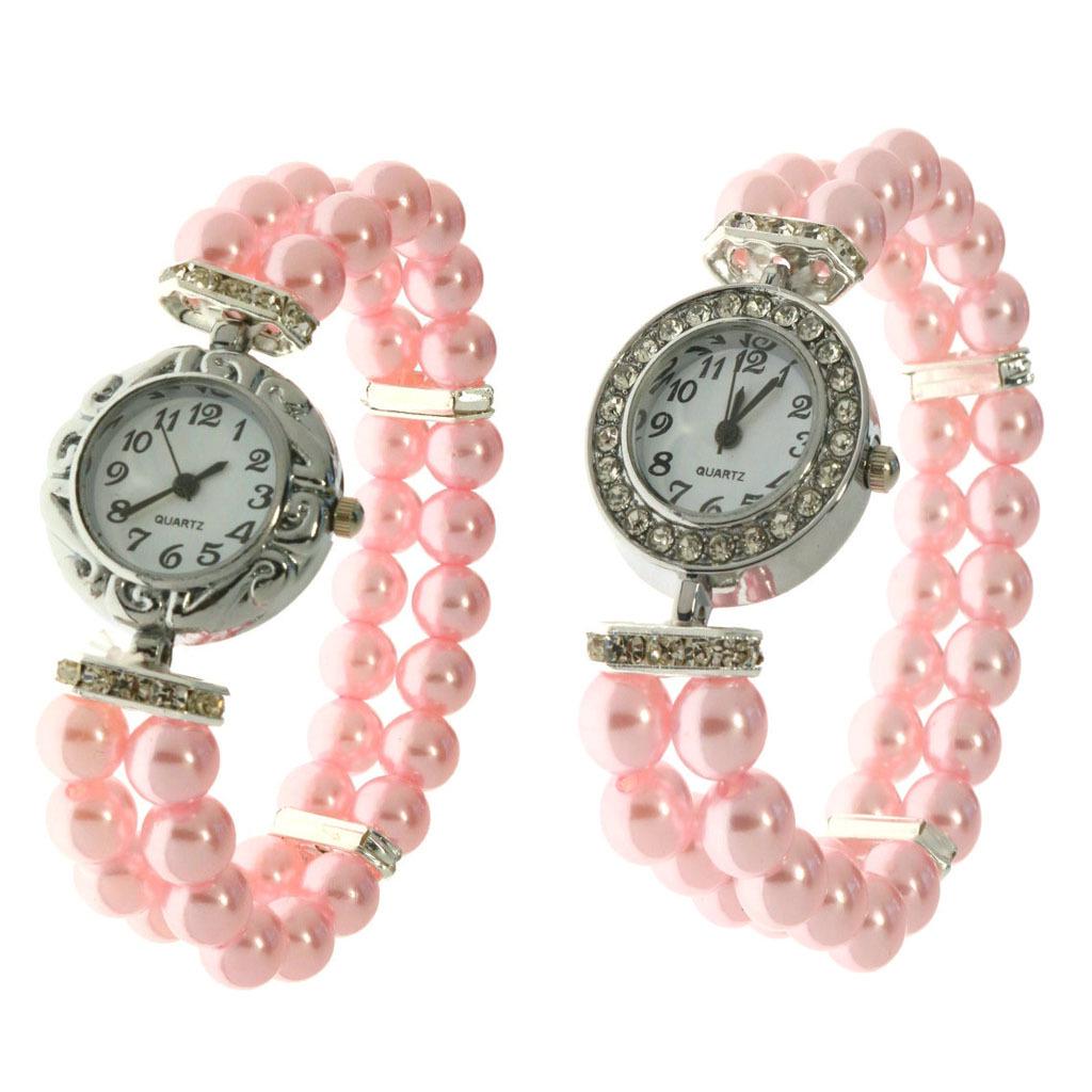 Women's Double-Row Imitation Pearl Beaded Bracelet Watch with Diamond-Set Quartz