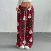 Women's Casual Fashion Printed Elastic Waist Loose Straight Leg Pants With Rope