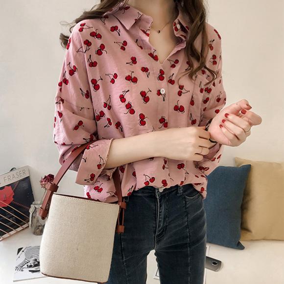 

Рубашка с вишневым принтом больших размеров с длинным рукавом для женщин - Коллекция весна/осень 2025: Новый топ свободного кроя Large розовый