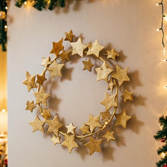 Metal Star Wreath for Front Door 11" Glitter Shiny Star Sparkling Wreath for Wall Mantle Holiday Party Indoor Outdoor Decoration