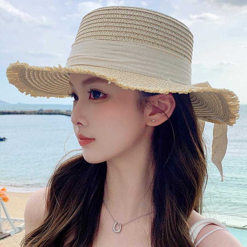 Fiocco Coreano Cappello di Paglia da Donna Estivo Protezione Solare Cappello da Pescatore a Tesa Larga Dama Ragazza Spiaggia Viaggio Visiere Parasole Cappelli Panama
