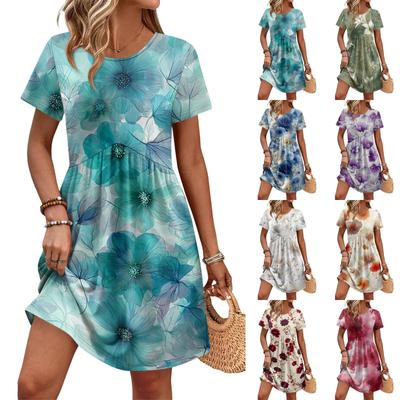 Women’s Short Sleeve Floral Print Casual Loose Fit Dress Crew Neck Soft Comfortable Fabric Summer Style Dress
