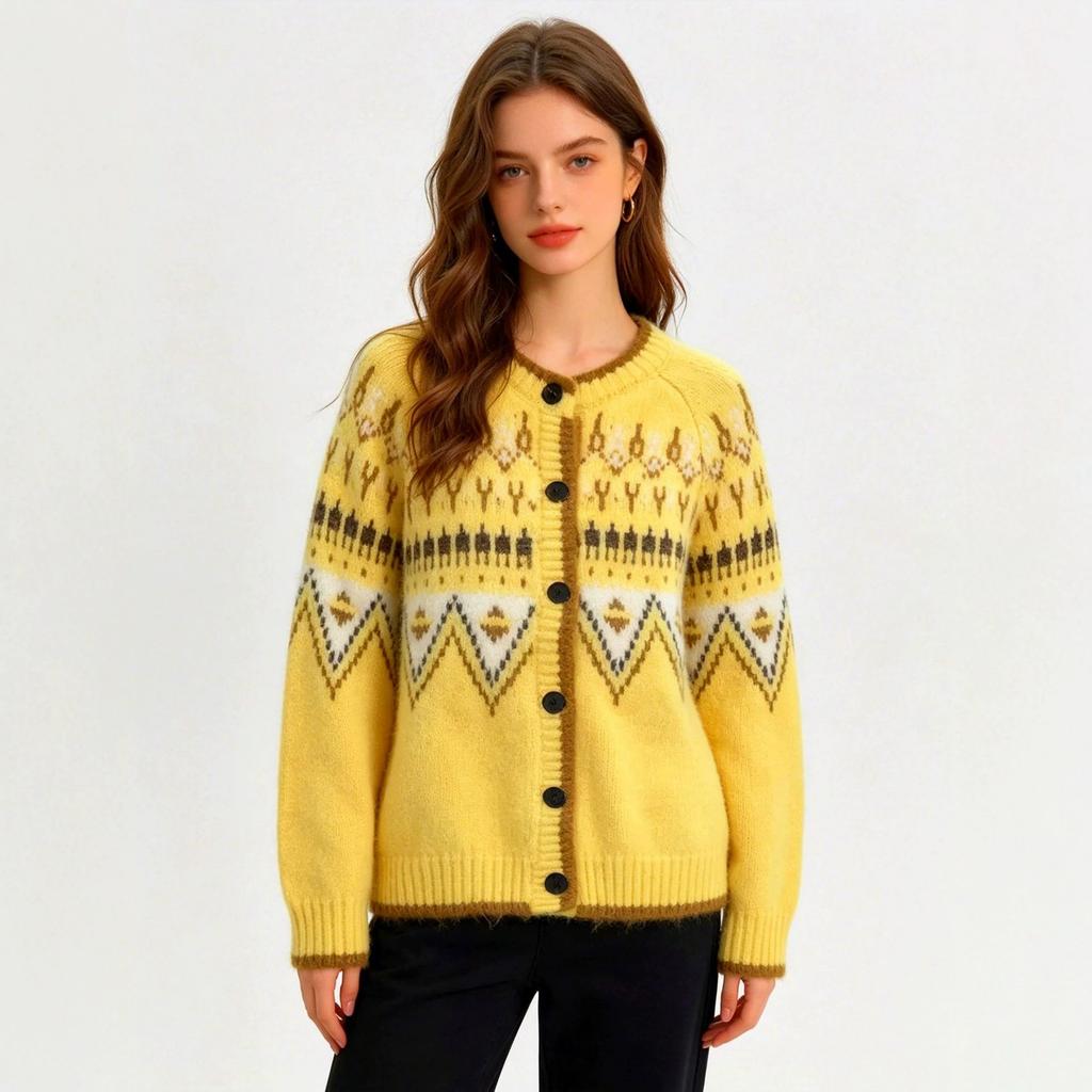 Lazy Style Fair Island Alpaca Wool Knitted Cardigan Autumn/Winter New Loose Sweater Women's Jacket