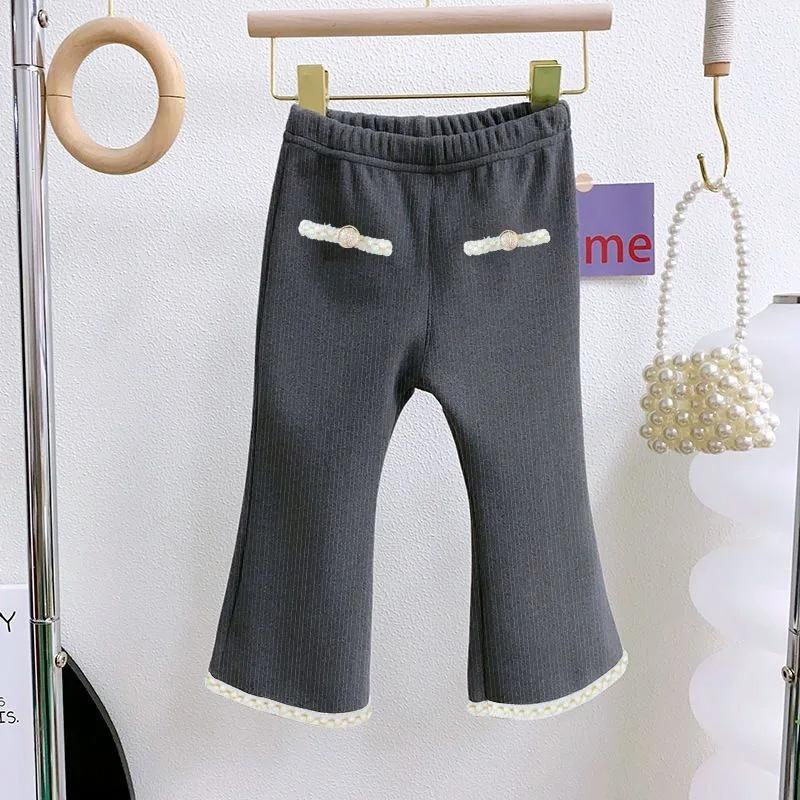 Girls' Autumn Winter Fleece Lined Outerwear Leggings Korean Stylish Flared Pants Kids Babies