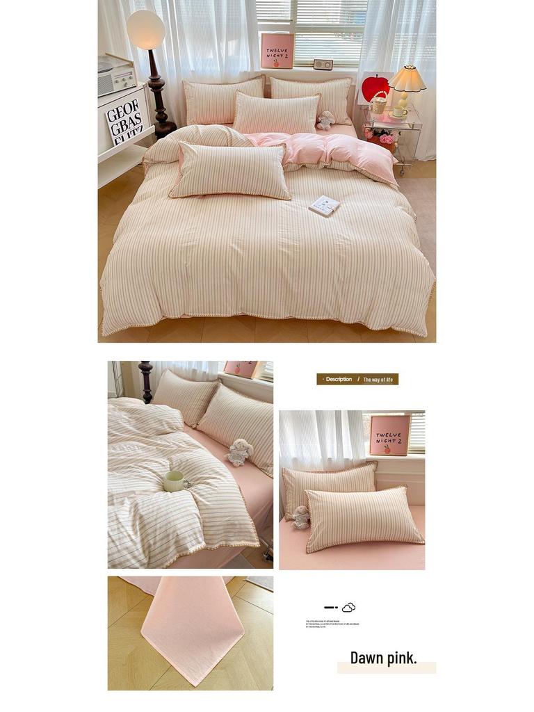 2026 Spring/Summer Cotton Striped Tricot Bedding Set - A-Class Dormitory Collection (Four-Piece)