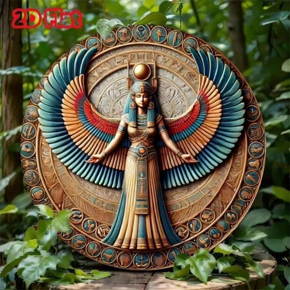 Egyptian Goddess Neith Round Metal Wall Art, Waterproof Tin Poster Home Decor