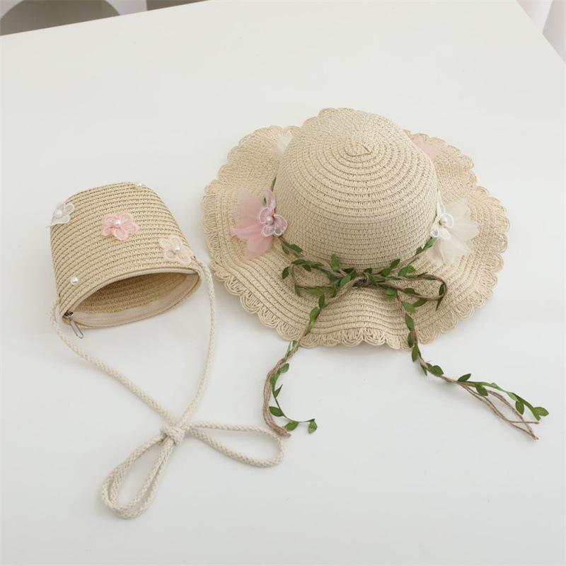 Children's Straw Hat Set with Shoulder Straps Cute Flower Hat and Tote Bag, Girls Baby 2 Pieces Children's Sun Protection Accessories