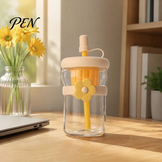Glass Infuser Bottle for Green Tea Lovers Straw Cup, with Detachable Filter, Macaron Color Flower Cute Floral Women Decor, Portable Heat Resistant