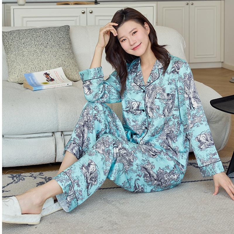 1011 new ice and snow silk pajamas women's long-sleeved trousers national style printing high-end sense can be worn outside loungewear suit